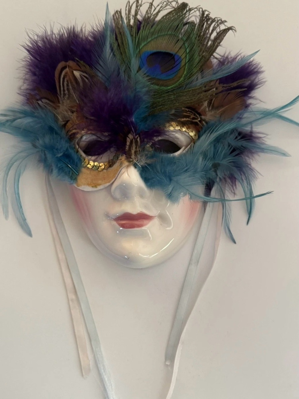 Peacock Feather Masquerade Mask in Teal and Purple